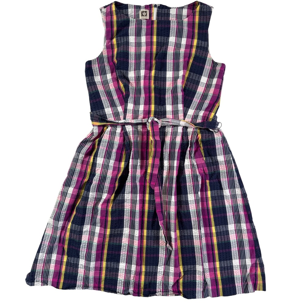 Anne Klein Womens Plaid Sleeveless Fit Flare Belted Dress Magenta Navy Yellow 12 - Picture 2 of 13